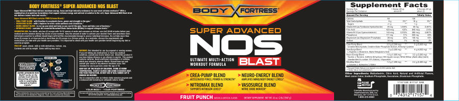 Official label of Body Fortress Super Advanced NOS Blast Fruit Punch (NIH DSLD #10026)