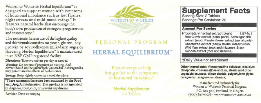 Official label of Women To Women Herbal Equilibrium (NIH DSLD #12102)
