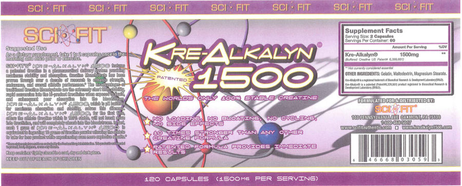 Official label of Sci-Fit Kre-Alkalyn 1500 (NIH DSLD #12344)