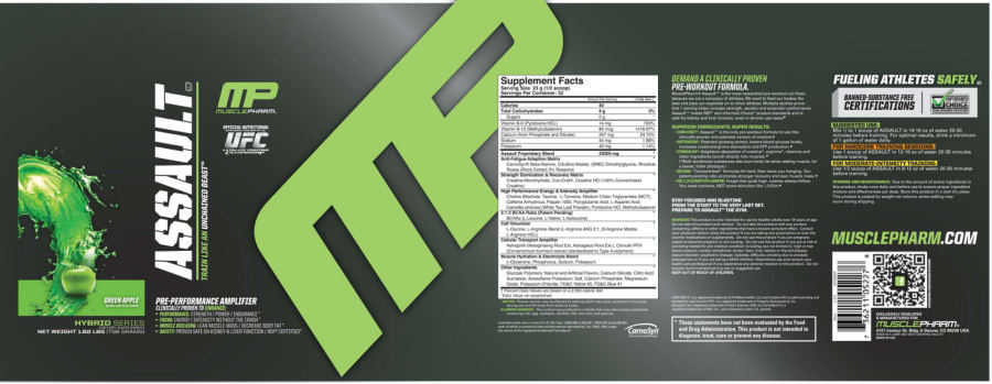 Official label of MusclePharm Assault Green Apple (NIH DSLD #12625)