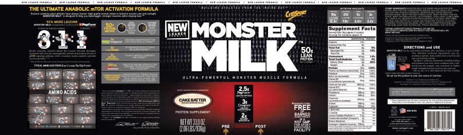 Official label of CytoSport Monster Milk Cake Batter (NIH DSLD #12707)