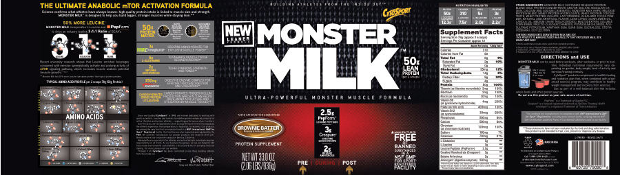 Official label of CytoSport Monster Milk Brownie Batter (NIH DSLD #12850)
