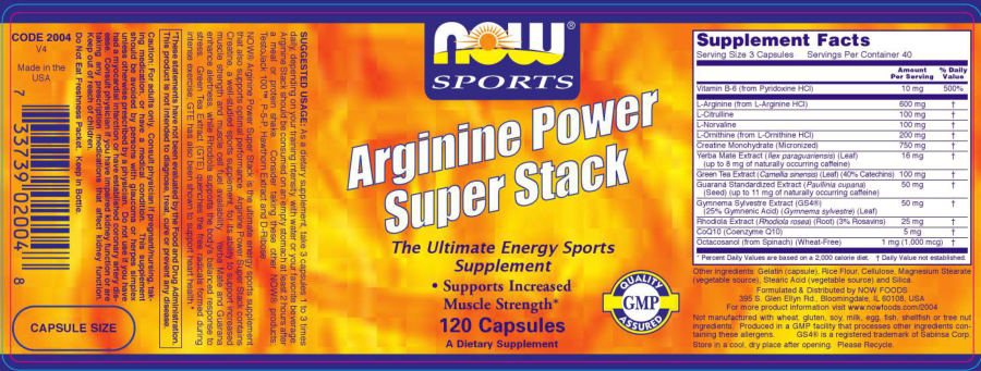 Official label of NOW Sports Arginine Power Super Stack (NIH DSLD #12854)
