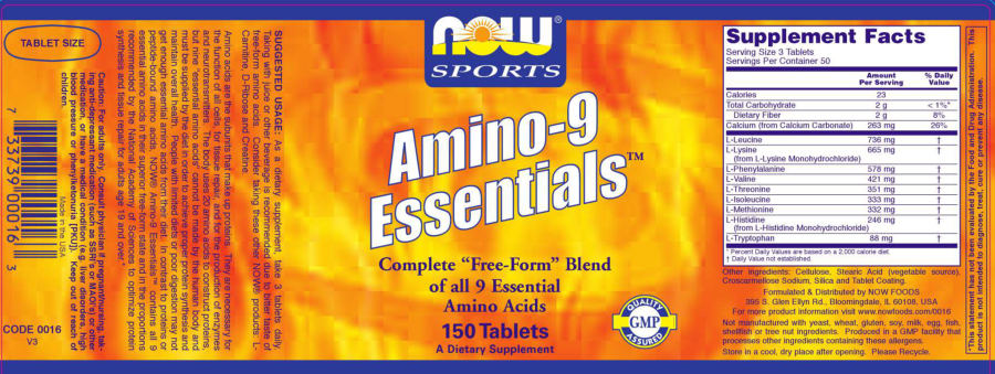 Official label of NOW Sports Amino-9 Essentials (NIH DSLD #12882)