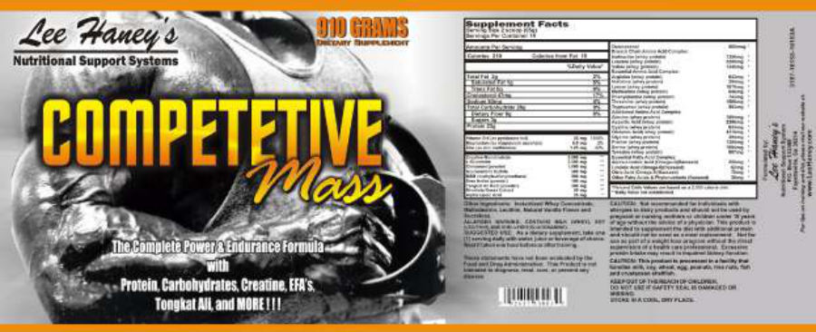 Official label of Lee Haney's Nutritional Support Systems Competitive Mass (NIH DSLD #12990)