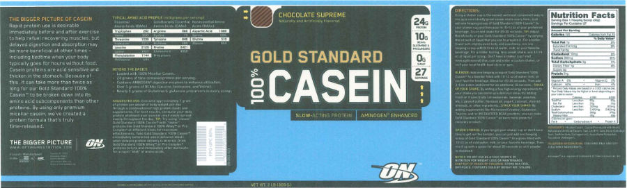 Official label of ON Optimum Nutrition Gold Standard 100% Casein Chocolate Supreme (NIH DSLD #14343)