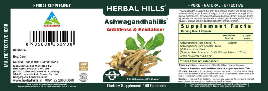Official label of Herbal Hills Ashwagandhahills (NIH DSLD #15529)