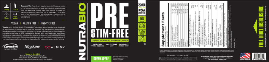 Official label of NutraBio Pre Stim-Free Green Apple (NIH DSLD #174752)