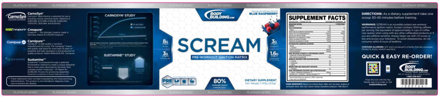 Official label of Bodybuilding.com Platinum Series Scream Blue Raspberry (NIH DSLD #175302)