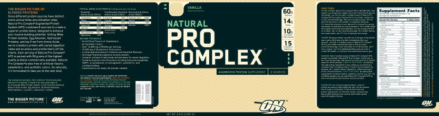 Official label of ON Optimum Nutrition Natural Pro Complex Vanilla (NIH DSLD #17577)