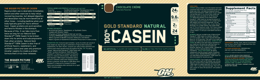 Official label of ON Optimum Nutrition Gold Standard Natural 100% Casein Chocolate Creme (NIH DSLD #17582)