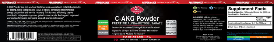 Official label of OL Olympian Labs Performance Sports Nutrition C-AKG Powder Unflavored (NIH DSLD #175907)