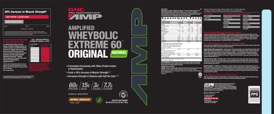 Official label of GNC Pro Performance AMP Amplified Wheybolic Extreme 60 Original Natural Chocolate (NIH DSLD #176044)