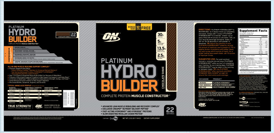 Official label of ON Optimum Nutrition Platinum Hydro Builder Chocolate Shake (NIH DSLD #17605)