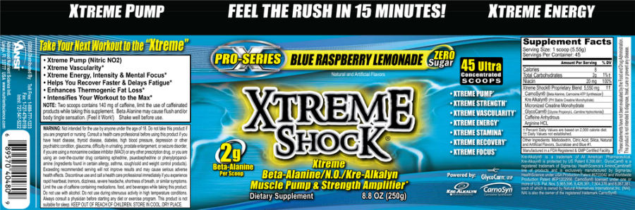 Official label of ANSI Advanced Nutrient Science Intl Xtreme Shock Blue Raspberry Lemonade (NIH DSLD #177033)