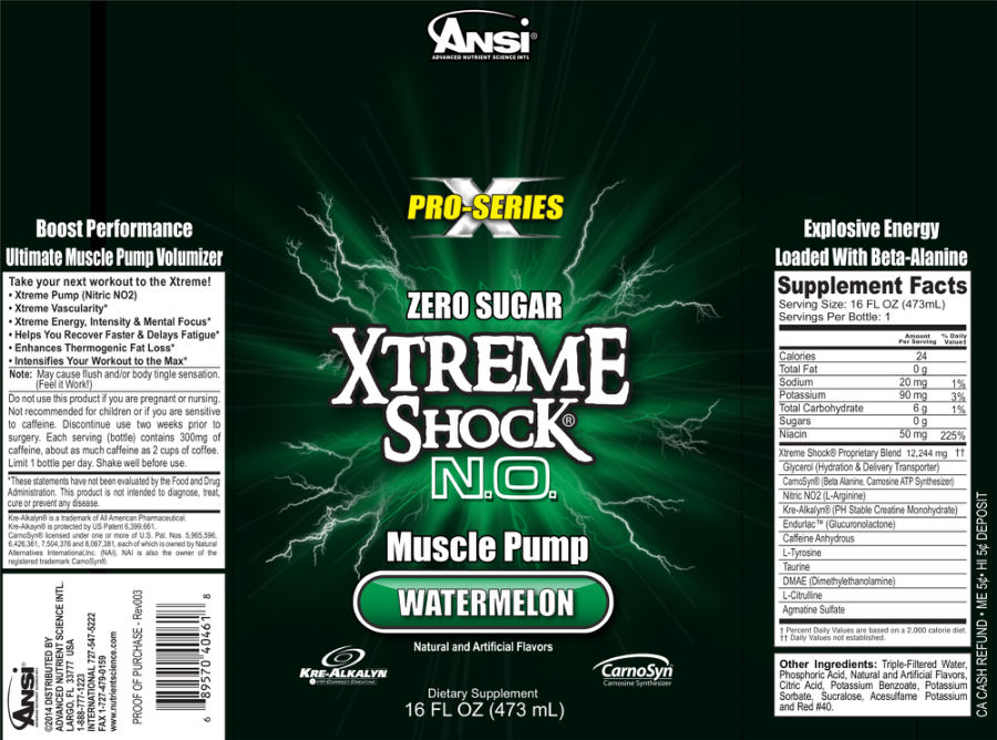 Official label of ANSI Advanced Nutrient Science Intl Xtreme Shock N.O. Watermelon (NIH DSLD #177044)