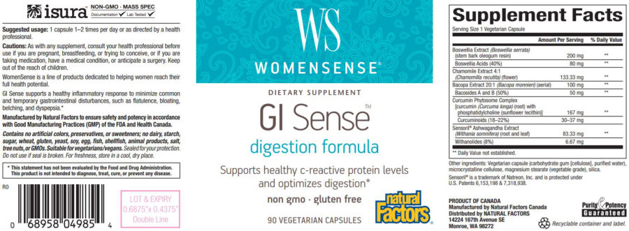 Official label of Natural Factors WomenSense GI Sense (NIH DSLD #179206)