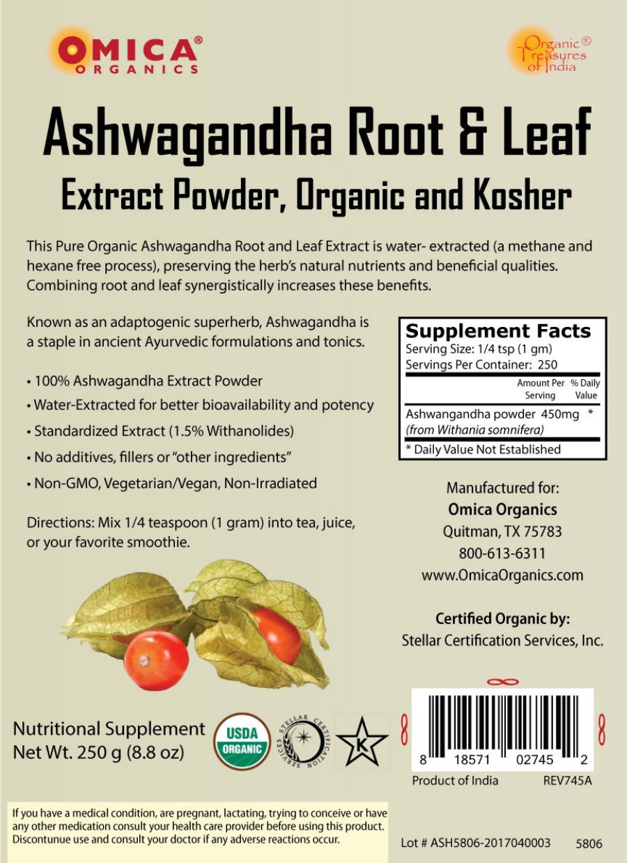 Official label of Omica Organics Ashwagandha Root and Leaf (NIH DSLD #179575)