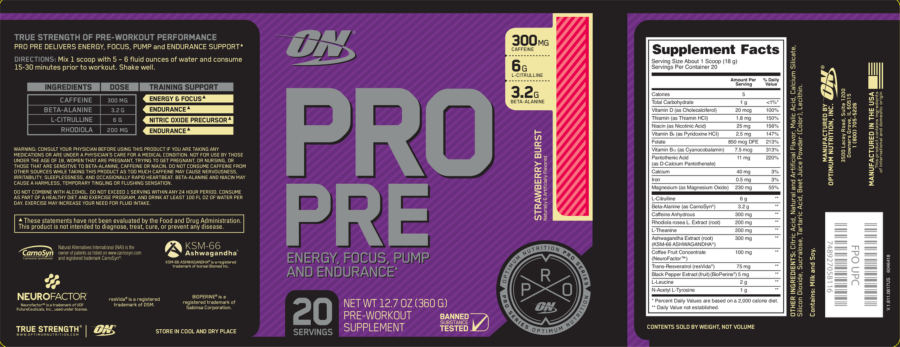 Official label of ON Optimum Nutrition Pro Pre Strawberry Burst (NIH DSLD #179691)