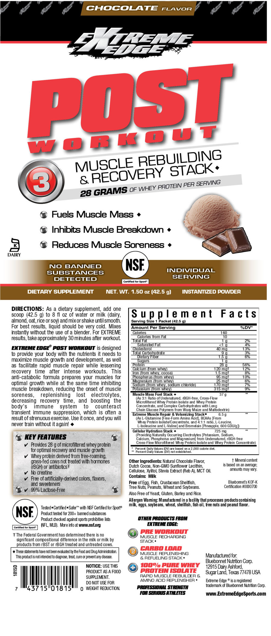 Official label of Extreme Edge Post Workout Chocolate Flavor (NIH DSLD #180137)