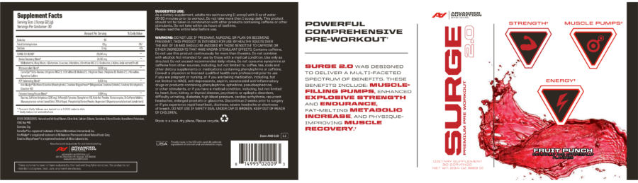 Official label of Advanced Nutrition Systems Surge 2.0 Fruit Punch (NIH DSLD #180393)