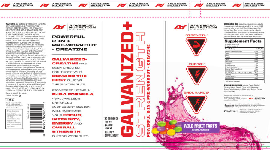 Official label of Advanced Nutrition Systems Galvanized + Strength Wild Fruit Tarts (NIH DSLD #180535)