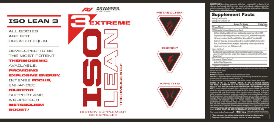 Official label of Advanced Nutrition Systems Iso Lean 3 Extreme (NIH DSLD #180540)