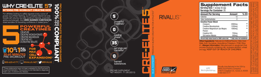 Official label of Rivalus Cre-Elite 5 Blue Raspberry (NIH DSLD #182106)