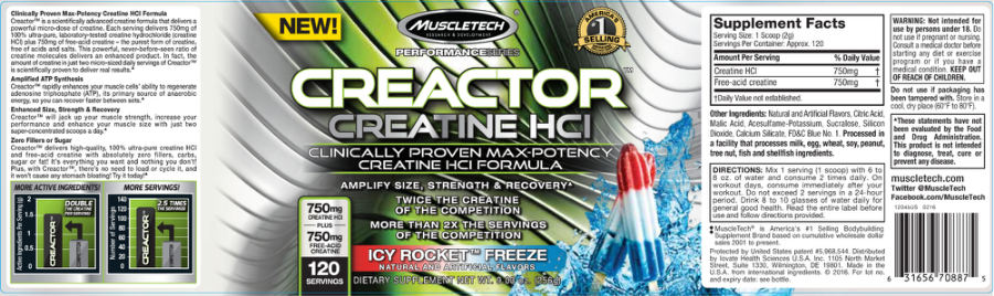 Official label of MuscleTech Performance Series Creactor Icy Rocket Freeze (NIH DSLD #182387)