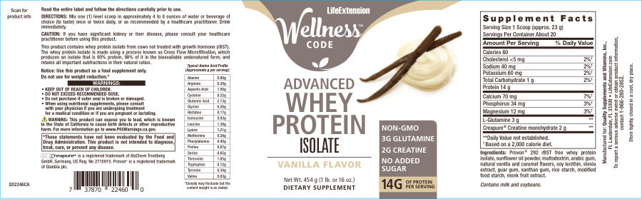 Official label of Life Extension Wellness Code Advanced Whey Protein Isolate Vanilla Flavor (NIH DSLD #182615)