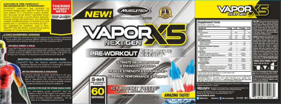 Official label of MuscleTech Performance Series VaporX5 Next Gen Icy Rocket Freeze (NIH DSLD #182636)