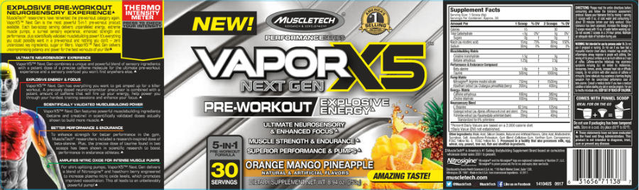 Official label of MuscleTech Performance Series VaporX5 Next Gen Orange Mango Pineapple (NIH DSLD #182638)