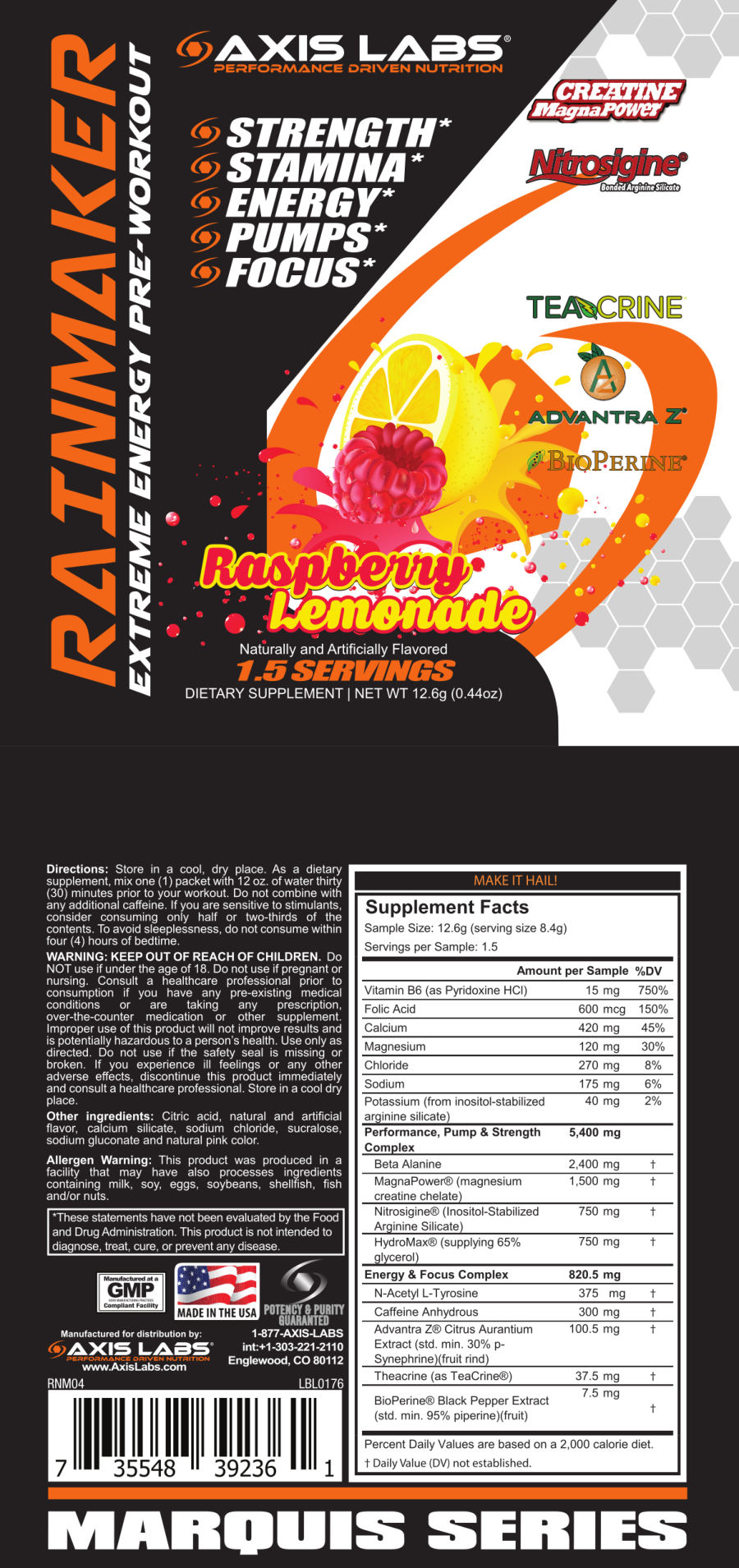 Official label of Axis Labs Rainmaker Extreme Energy Pre-Workout Raspberry Lemonade (NIH DSLD #182691)