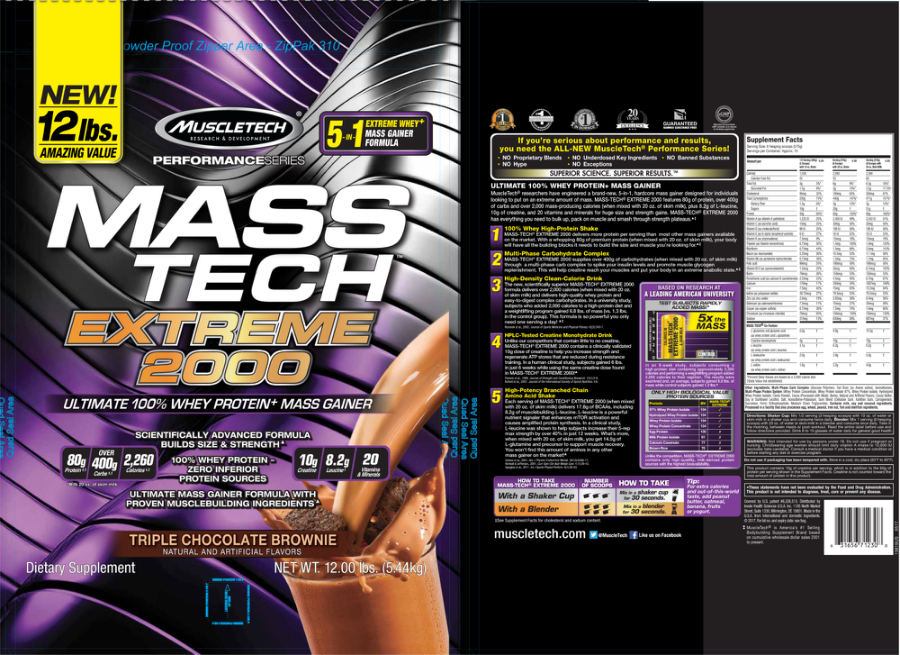 Official label of MuscleTech Performance Series MASS TECH Extreme 2000 Triple Chocolate Brownie (NIH DSLD #182773)