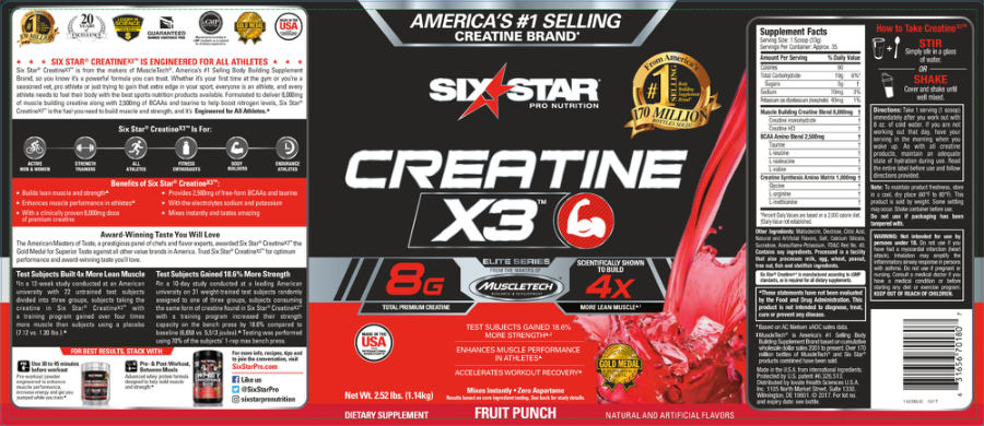 Official label of Six Star Pro Nutrition CreatineX3 Elite Series Fruit Punch (NIH DSLD #182860)