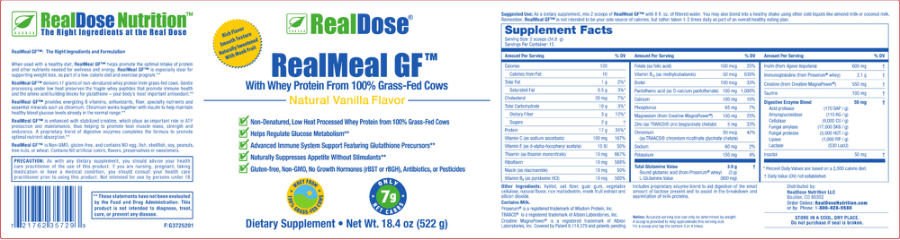 Official label of RealDose RealMeal GF Natural Vanilla Flavor (NIH DSLD #182865)