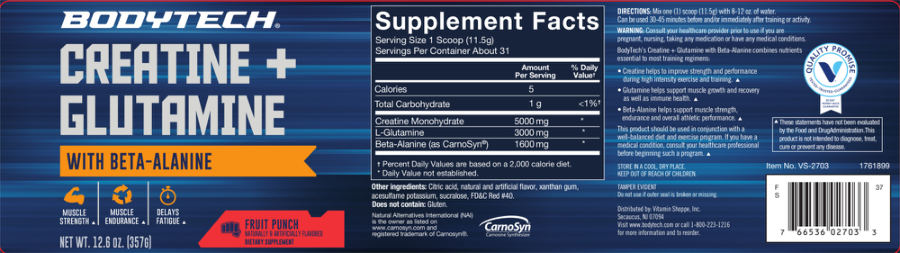 Official label of BodyTech Creatine + Glutamine with Beta-Alanine Fruit Punch (NIH DSLD #183838)