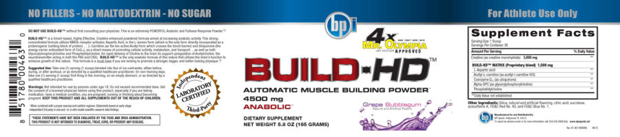 Official label of BPI Build-HD Grape Bubblegum (NIH DSLD #18635)