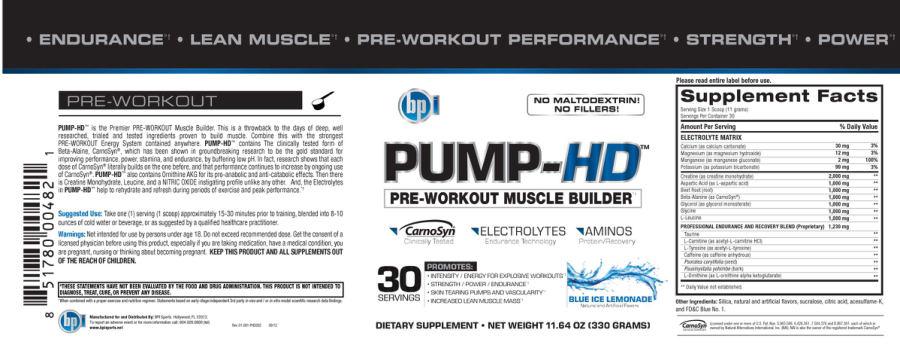 Official label of BPI Pump-HD Blue Ice Lemonade (NIH DSLD #18643)
