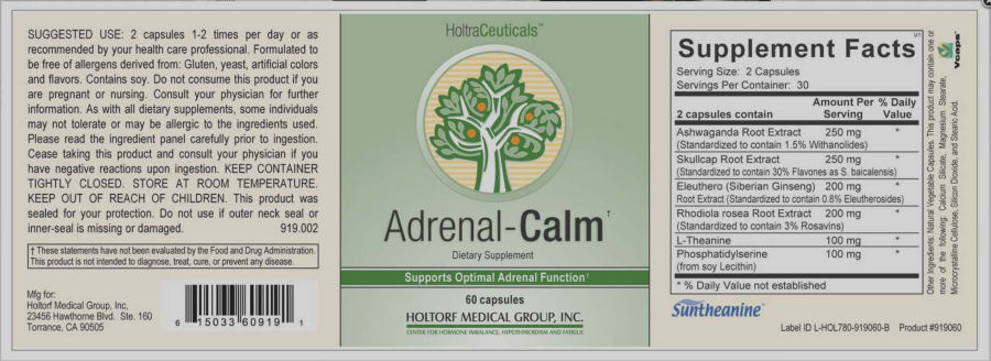 Official label of HoltraCeuticals Adrenal-Calm (NIH DSLD #19221)