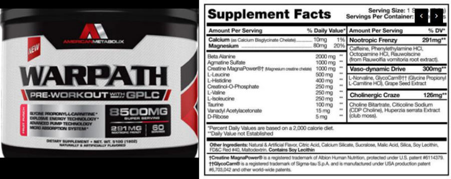 Official label of American Metabolix Warpath Fruit Punch (NIH DSLD #199563)