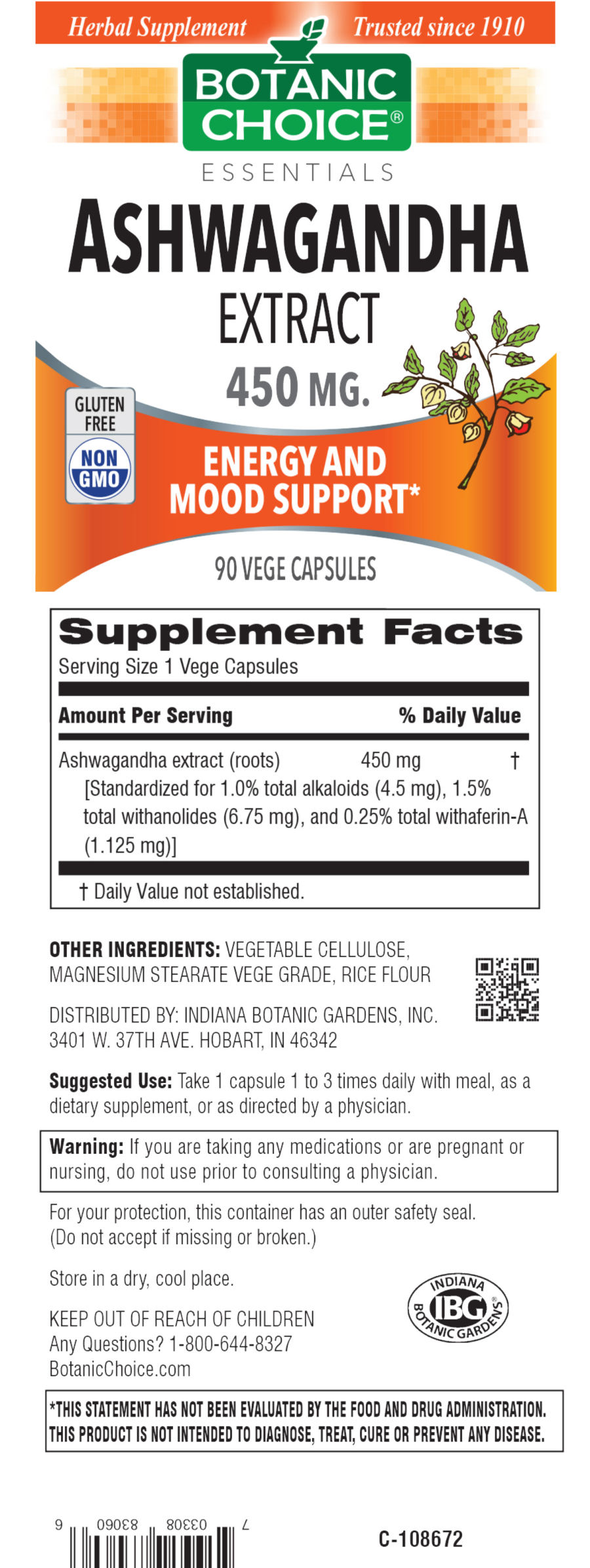 Official label of Botanic Choice Ashwagandha Extract 450 mg (NIH DSLD #199960)