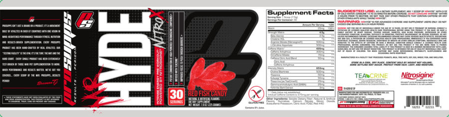 Official label of PS ProSupps Mr Hyde NitroX Red Fish Candy (NIH DSLD #201179)