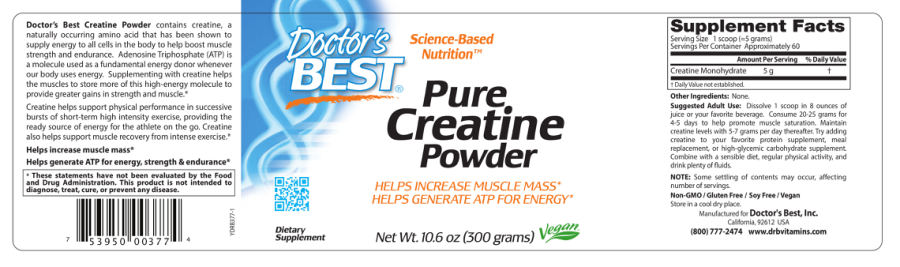 Official label of Doctor's Best Pure Creatine Powder (NIH DSLD #203266)