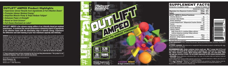 Official label of Nutrex Research UltraFit Series Outlift Amped Cosmic Blast (NIH DSLD #203908)