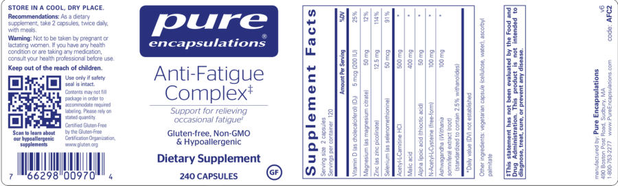Official label of Pure Encapsulations Anti-Fatigue Complex (NIH DSLD #204288)