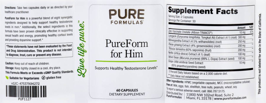 Official label of PureFormulas PureForm for Him (NIH DSLD #205926)