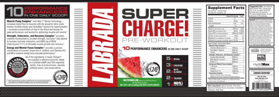 Official label of Labrada Super Charge! Pre-Workout Watermelon (NIH DSLD #206191)
