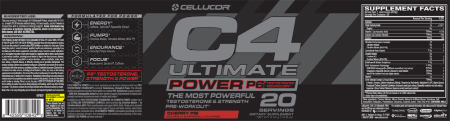 Official label of Cellucor C4 Ultimate Power P6 Cherry Pie (NIH DSLD #206353)