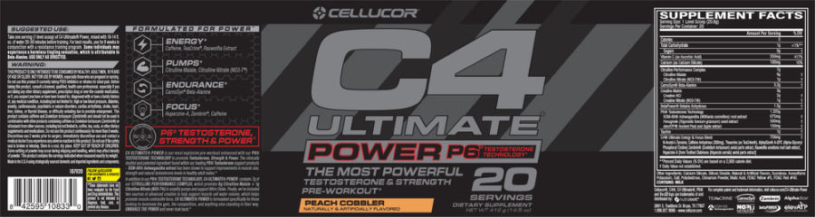 Official label of Cellucor C4 Ultimate Power P6 Peach Cobbler (NIH DSLD #206372)
